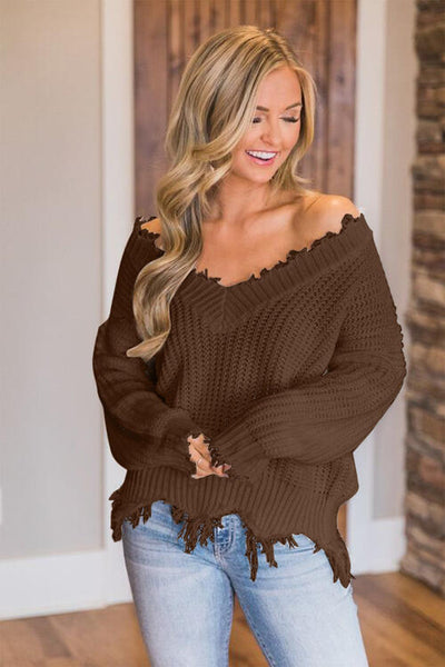 BEAUTIFUL I AM Frayed Hem Dropped Shoulder Sweater