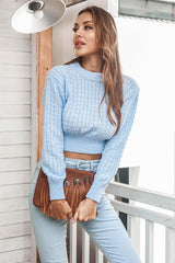 BEAUTIFUL I AM Round Neck Long Sleeve Cropped Sweater