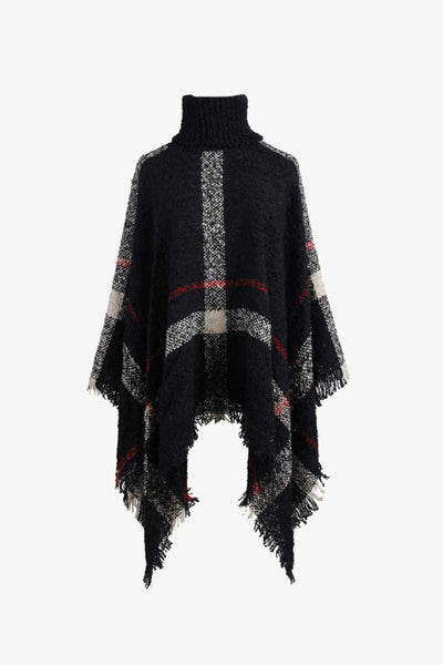 BEAUTIFUL I AM Plaid Turtleneck Raw Hem Poncho