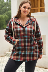 BEAUTIFUL I AM Plus Size Drawstring Plaid Quarter Button Hoodie