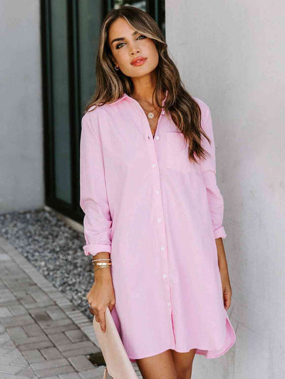 BEAUTIFUL I AM Button Up Collared Neck Long Sleeve Shirt Dress