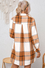 BEAUTIFUL I AM Plaid Collared Neck Flounce Sleeve Shirt Dress