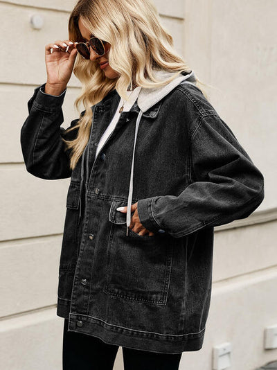 BEAUTIFUL I AM Drawstring Button Down Hooded Denim Jacket