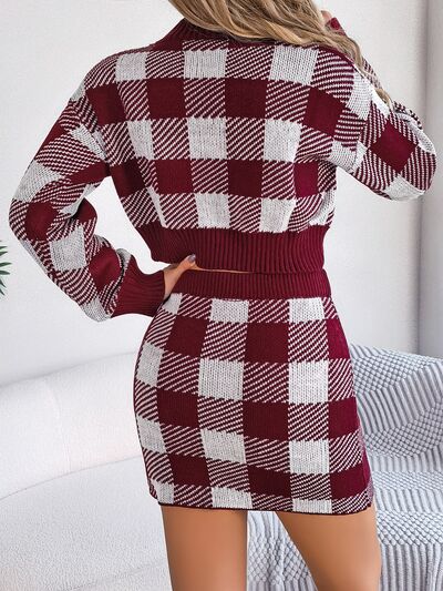 BEAUTIFUL I AM Plaid Round Neck Top and Skirt Sweater Set