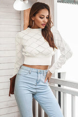 BEAUTIFUL I AM Openwork Plaid Round Neck Cropped Sweater