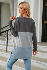 BEAUTIFUL I AM Color Block Round Neck Long Sleeve Slit Shirt