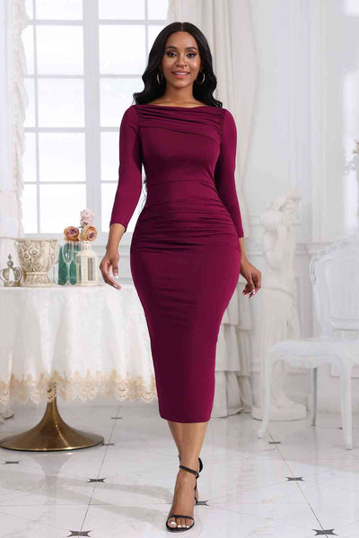 BEAUTIFUL I AM Ruched Boat Neck Midi Dress