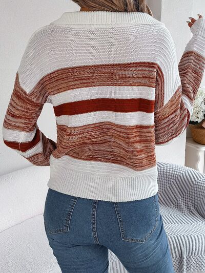 BEAUTIFUL I AM Striped Collared Neck Long Sleeve Sweater