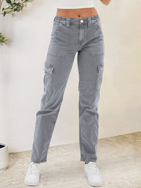 BEAUTIFUL I AM Buttoned Straight Jeans with Cargo Pockets