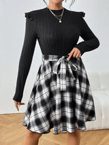 BEAUTIFUL I AM Plaid Ruffle Shoulder Round Neck Dress