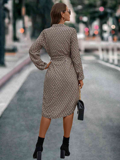 BEAUTIFUL I AM Printed Notched Tie Front Long Sleeve Dress