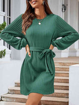 BEAUTIFUL I AM Round Neck Tie Front Long Sleeve Dress